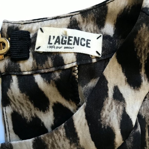 L'Agence Leopard Print Mini Dress Womens 2 Sleeveless Brown Black Crew Neck Silk - Picture 3 of 10